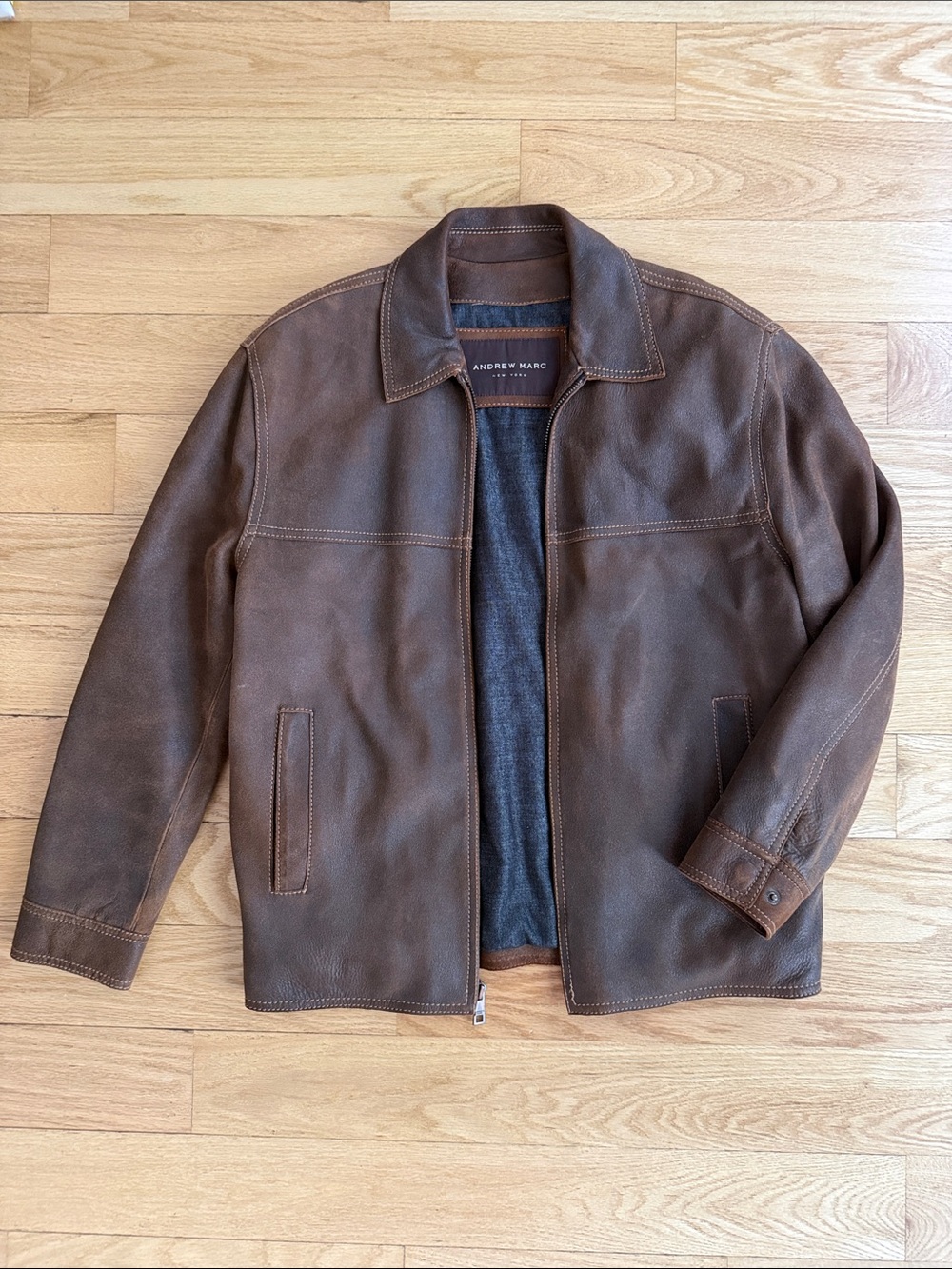 Andrew Marc Brown Leather Bomber Jacket